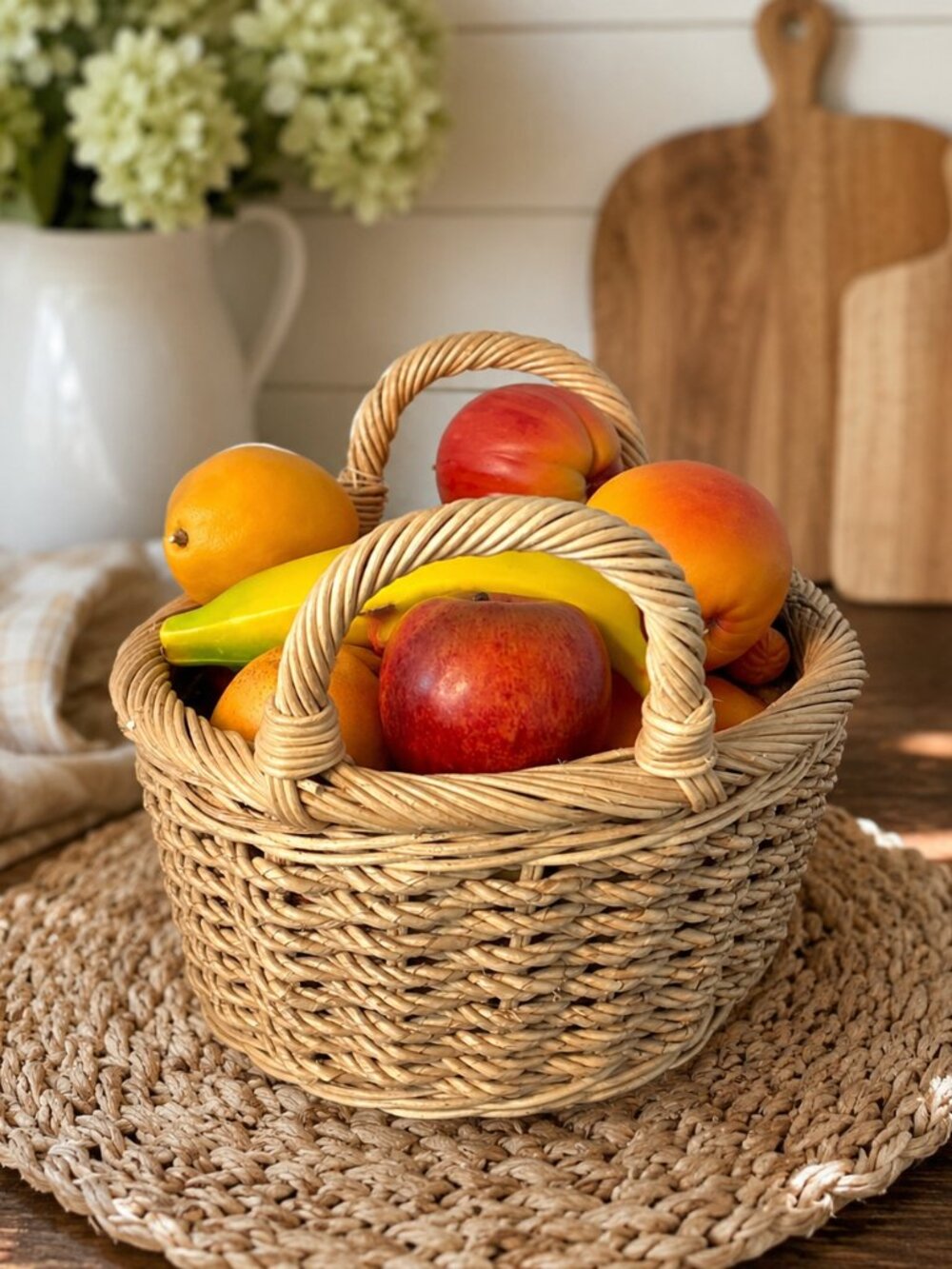 Wicker Faux Fruit Basket Farmhouse Cottagecore Kitchen Table Decor